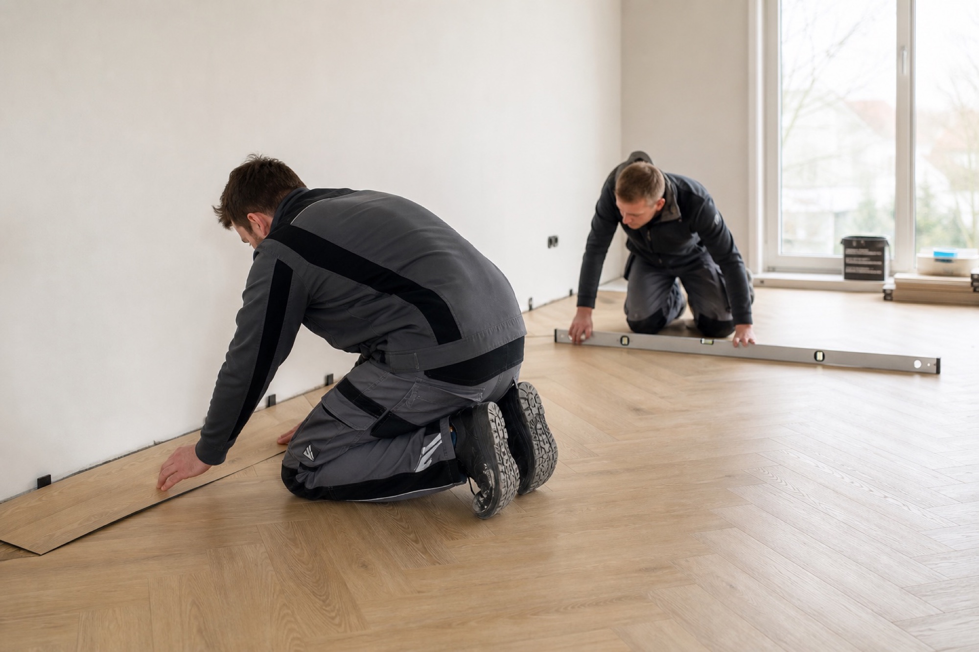 Zwei Monteure verlegen den Boden in einem fast fertigen Wohnraum